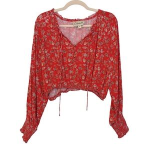 Cleobella Floral Peasant Crop Blouse Orange Multi Small Boho Festival Vacation